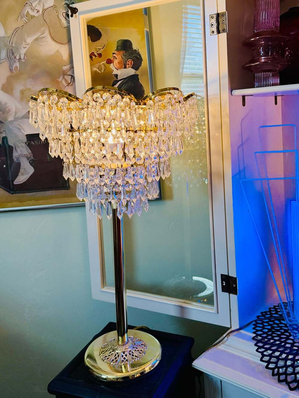 Vintage Cascading Crystal and Polished Gold Table Lamp